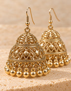 Orneza Gold-Tone Diamond Lattice Jhumka Earrings with Gold Beads — close-up detail