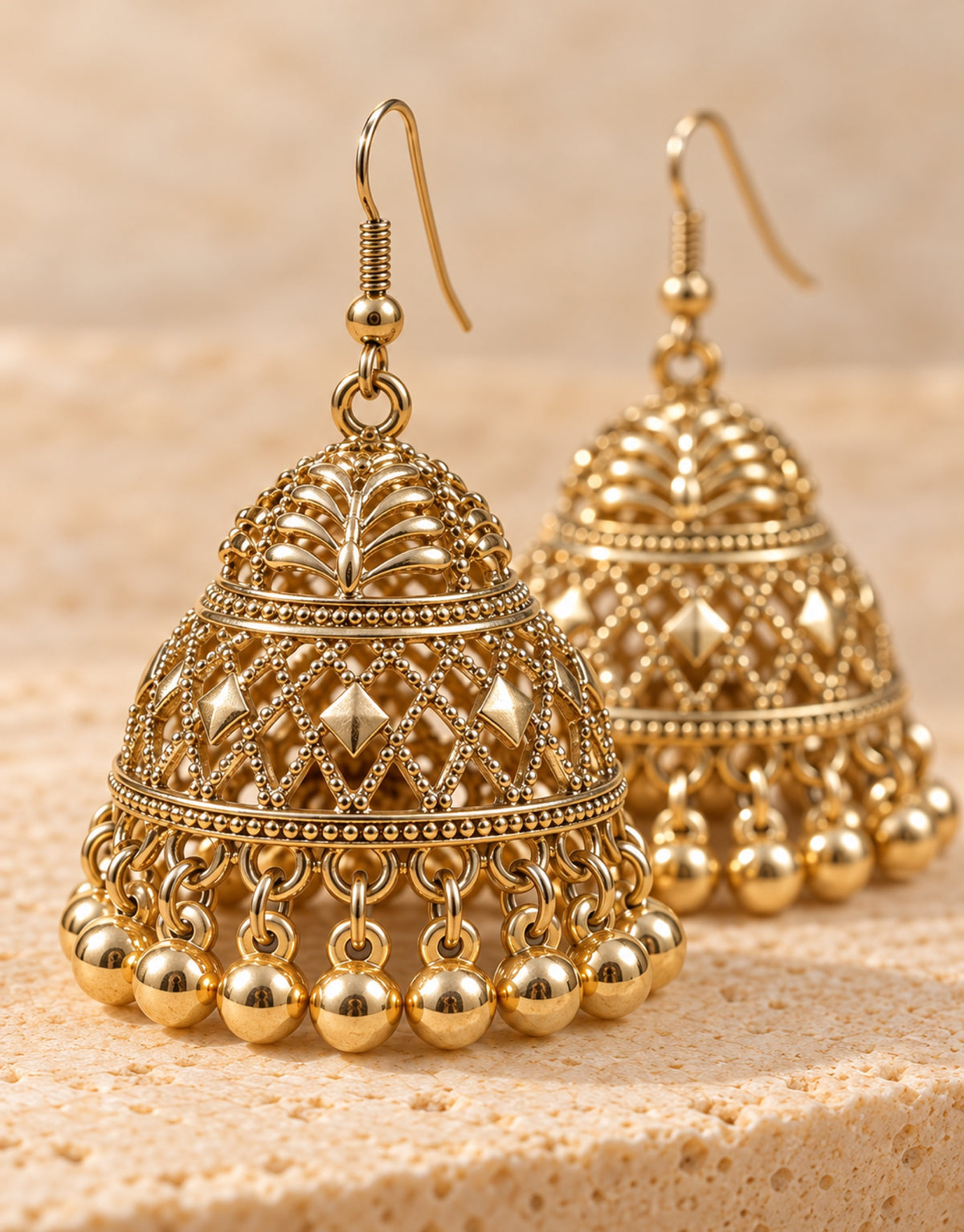 Orneza Gold-Tone Diamond Lattice Jhumka Earrings with Gold Beads — close-up detail