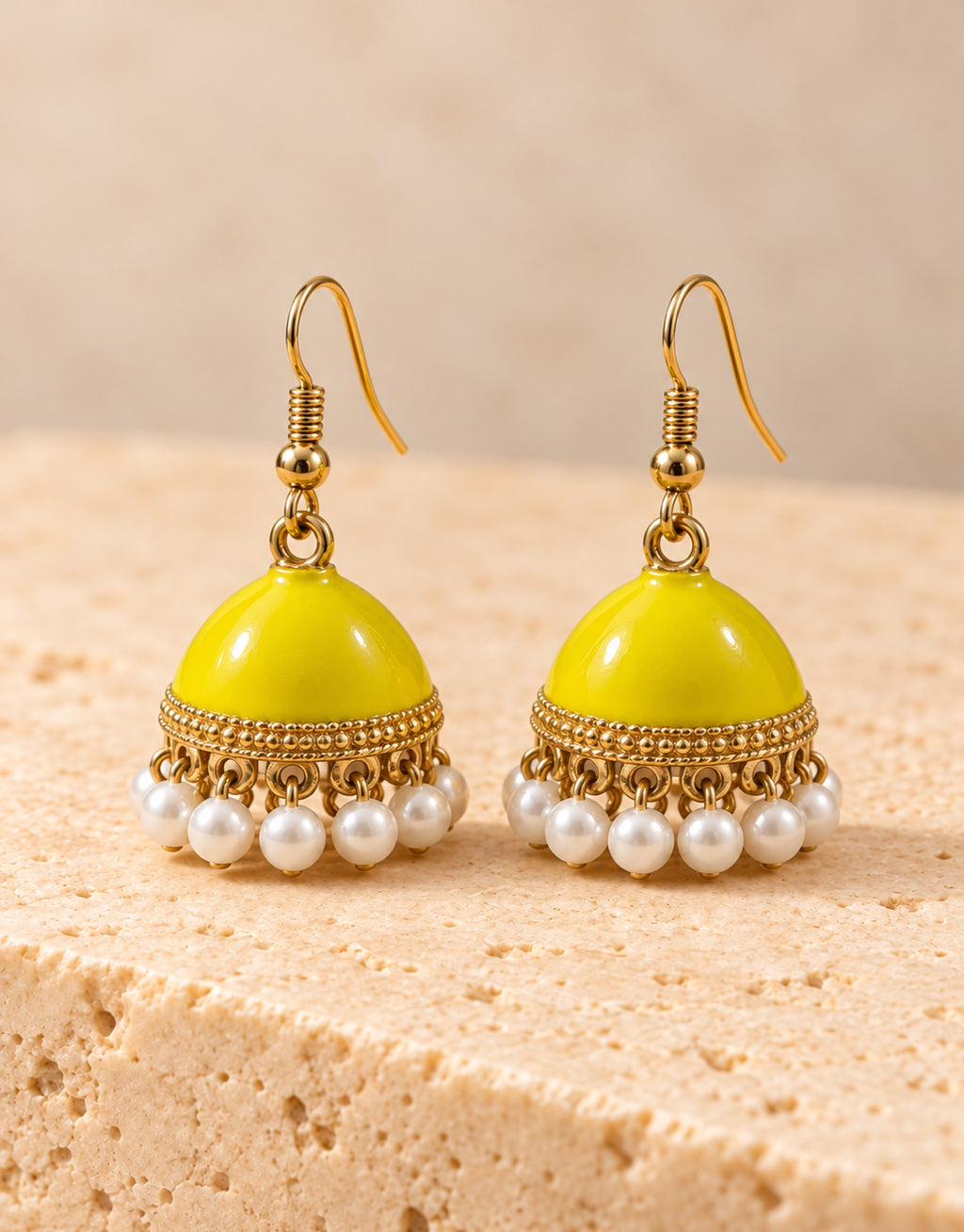 Orneza Yellow Enamel Jhumka Earrings with Pearls — front view