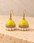 Orneza Yellow Enamel Jhumka Earrings with Pearls — front view