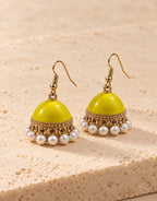 Orneza Yellow Enamel Jhumka Earrings with Pearls — angle view