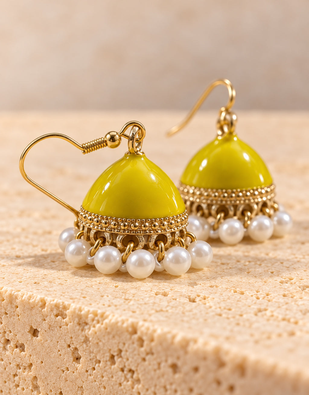 Orneza Yellow Enamel Jhumka Earrings with Pearls — close-up detail