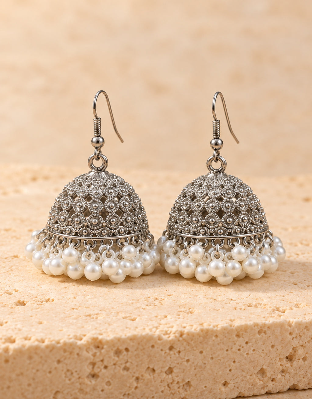 Orneza Silver-Tone Floral Lattice Jhumka Earrings with Pearls — front view