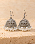 Orneza Silver-Tone Floral Lattice Jhumka Earrings with Pearls — front view