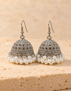 Orneza Silver-Tone Floral Lattice Jhumka Earrings with Pearls — front view