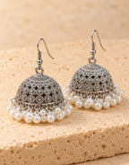 Orneza Silver-Tone Floral Lattice Jhumka Earrings with Pearls — angle view