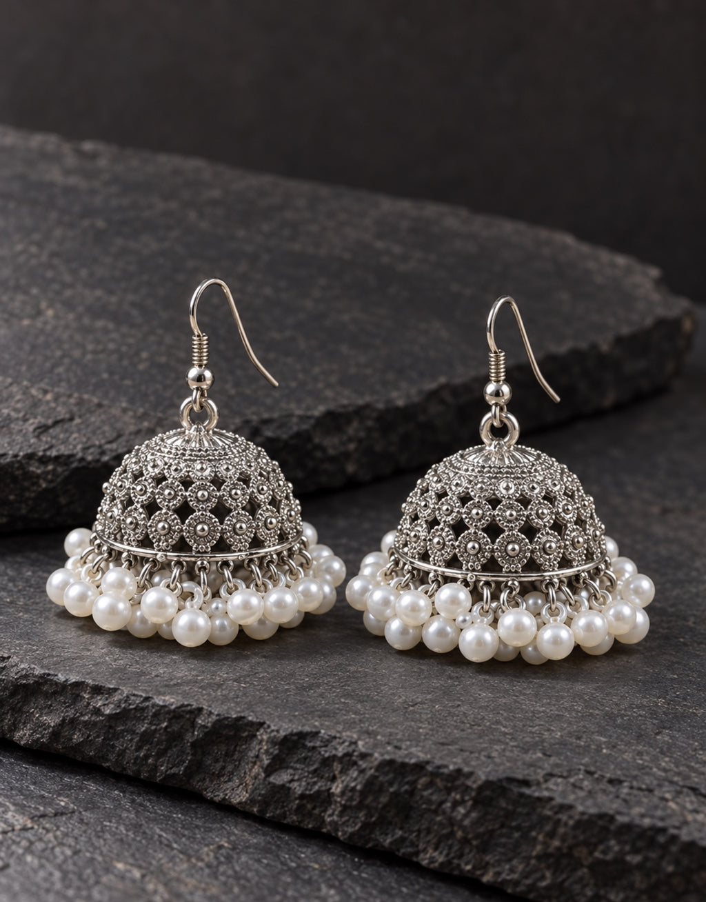 Orneza Silver-Tone Floral Lattice Jhumka Earrings with Pearls — styled view