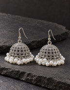 Orneza Silver-Tone Floral Lattice Jhumka Earrings with Pearls — styled view