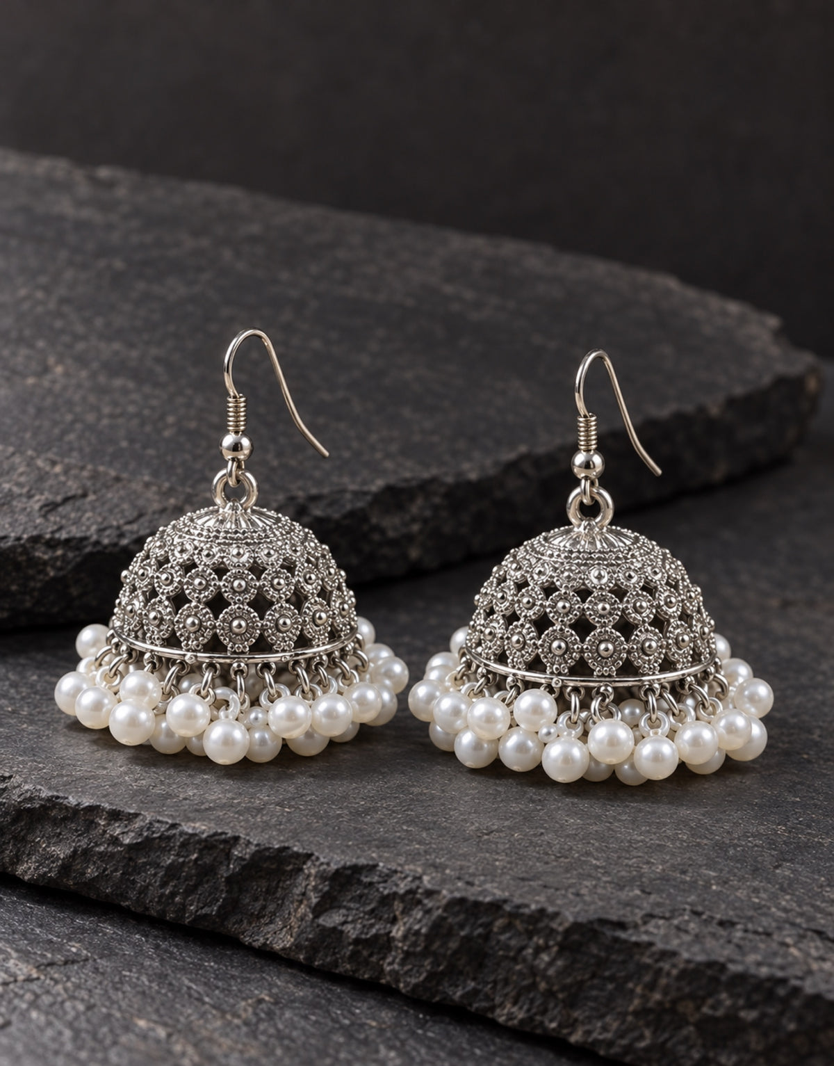 Orneza Silver-Tone Floral Lattice Jhumka Earrings with Pearls — styled view