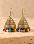 Orneza Gold-Tone Ribbed Bell Jhumka Earrings with Multicolour Beads — front view