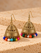 Orneza Gold-Tone Ribbed Bell Jhumka Earrings with Multicolour Beads — angle view