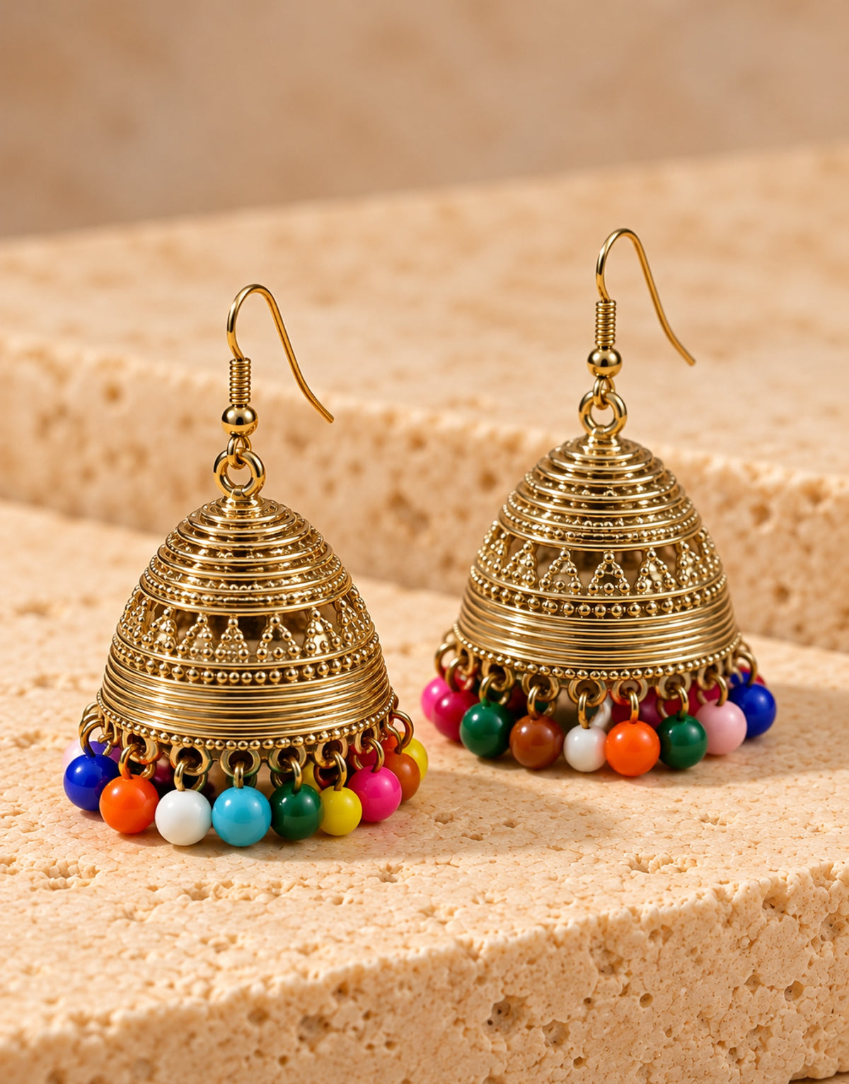 Orneza Gold-Tone Ribbed Bell Jhumka Earrings with Multicolour Beads — angle view