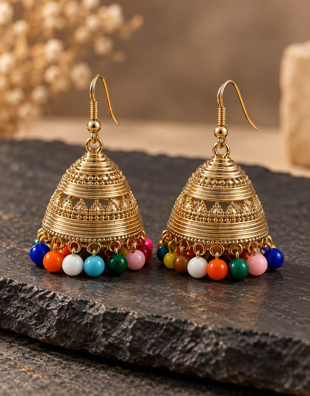 Orneza Gold-Tone Ribbed Bell Jhumka Earrings with Multicolour Beads — styled view