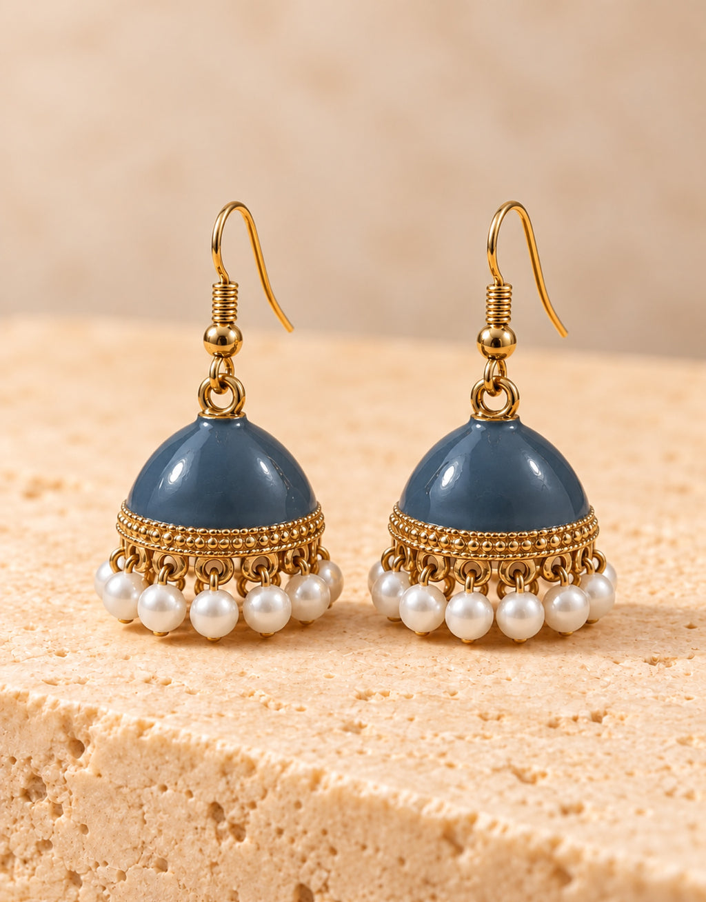Orneza Slate Blue Enamel Jhumka Earrings with Pearls — front view