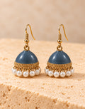 Orneza Slate Blue Enamel Jhumka Earrings with Pearls — front view
