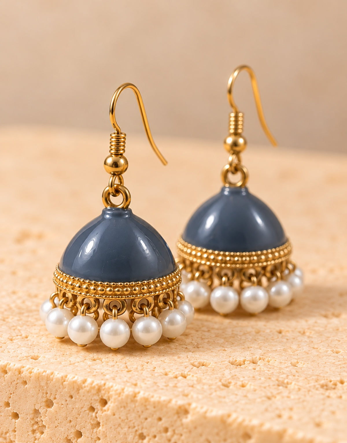 Orneza Slate Blue Enamel Jhumka Earrings with Pearls — close-up detail