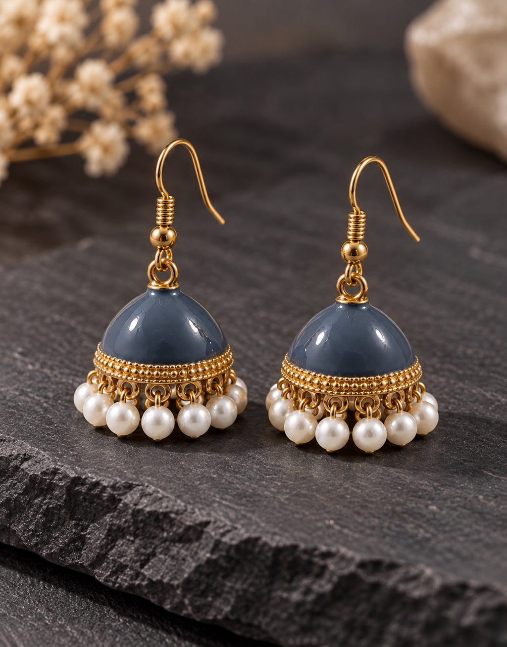 Orneza Slate Blue Enamel Jhumka Earrings with Pearls — styled view