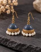 Orneza Slate Blue Enamel Jhumka Earrings with Pearls — styled view