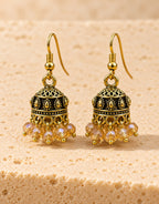 Orneza Antique Gold-Tone Mini Jhumka Earrings with Champagne Beads — front view