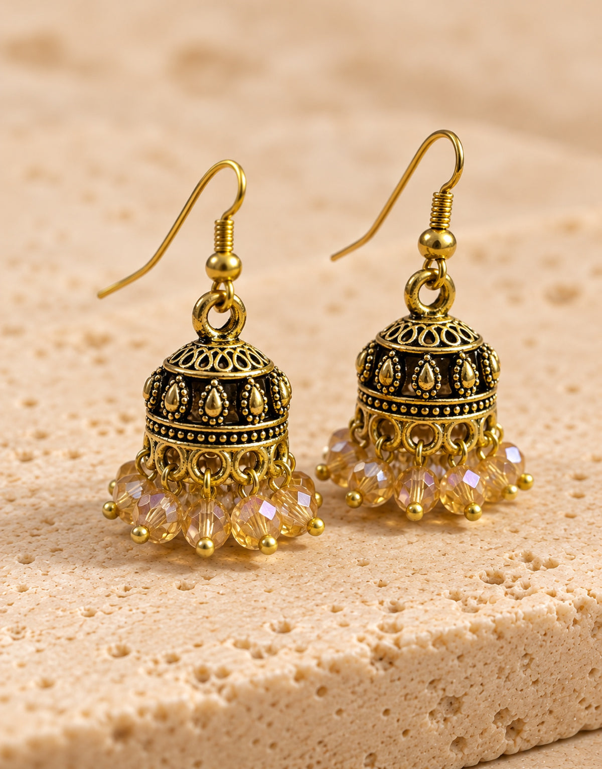 Orneza Antique Gold-Tone Mini Jhumka Earrings with Champagne Beads — angle view