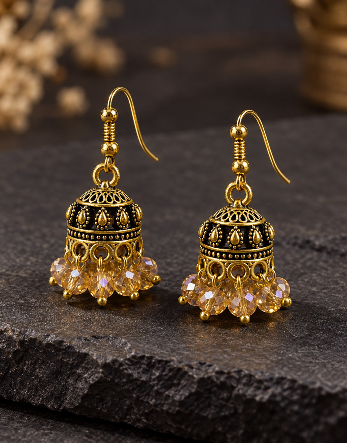 Orneza Antique Gold-Tone Mini Jhumka Earrings with Champagne Beads — styled view
