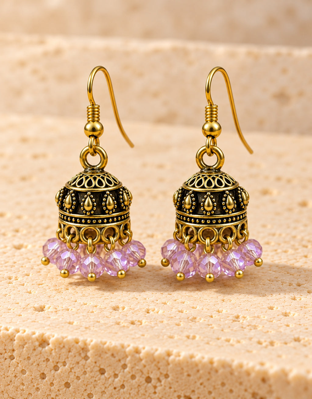 Orneza Antique Gold-Tone Mini Jhumka Earrings with Lilac Beads — front view