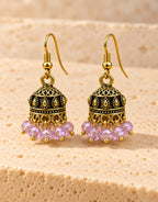 Orneza Antique Gold-Tone Mini Jhumka Earrings with Lilac Beads — front view