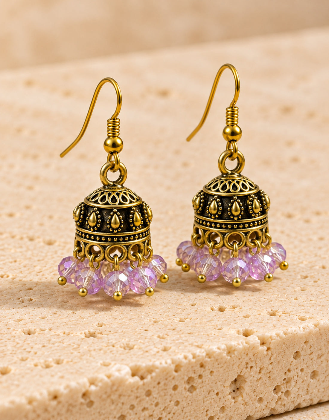 Orneza Antique Gold-Tone Mini Jhumka Earrings with Lilac Beads — angle view