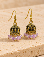 Orneza Antique Gold-Tone Mini Jhumka Earrings with Lilac Beads — angle view