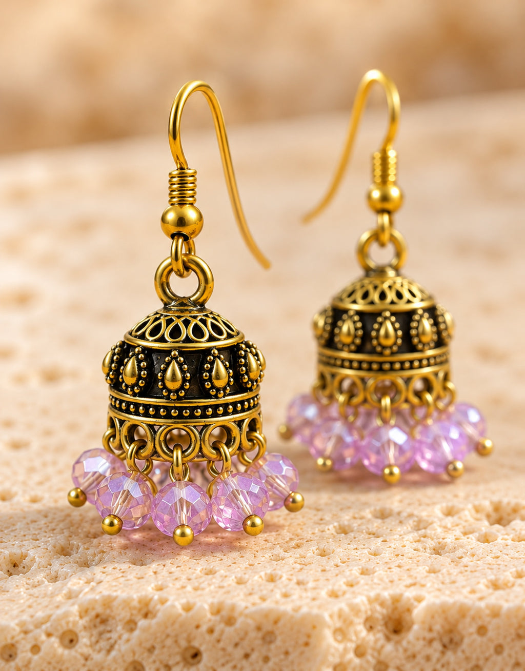 Orneza Antique Gold-Tone Mini Jhumka Earrings with Lilac Beads — close-up detail