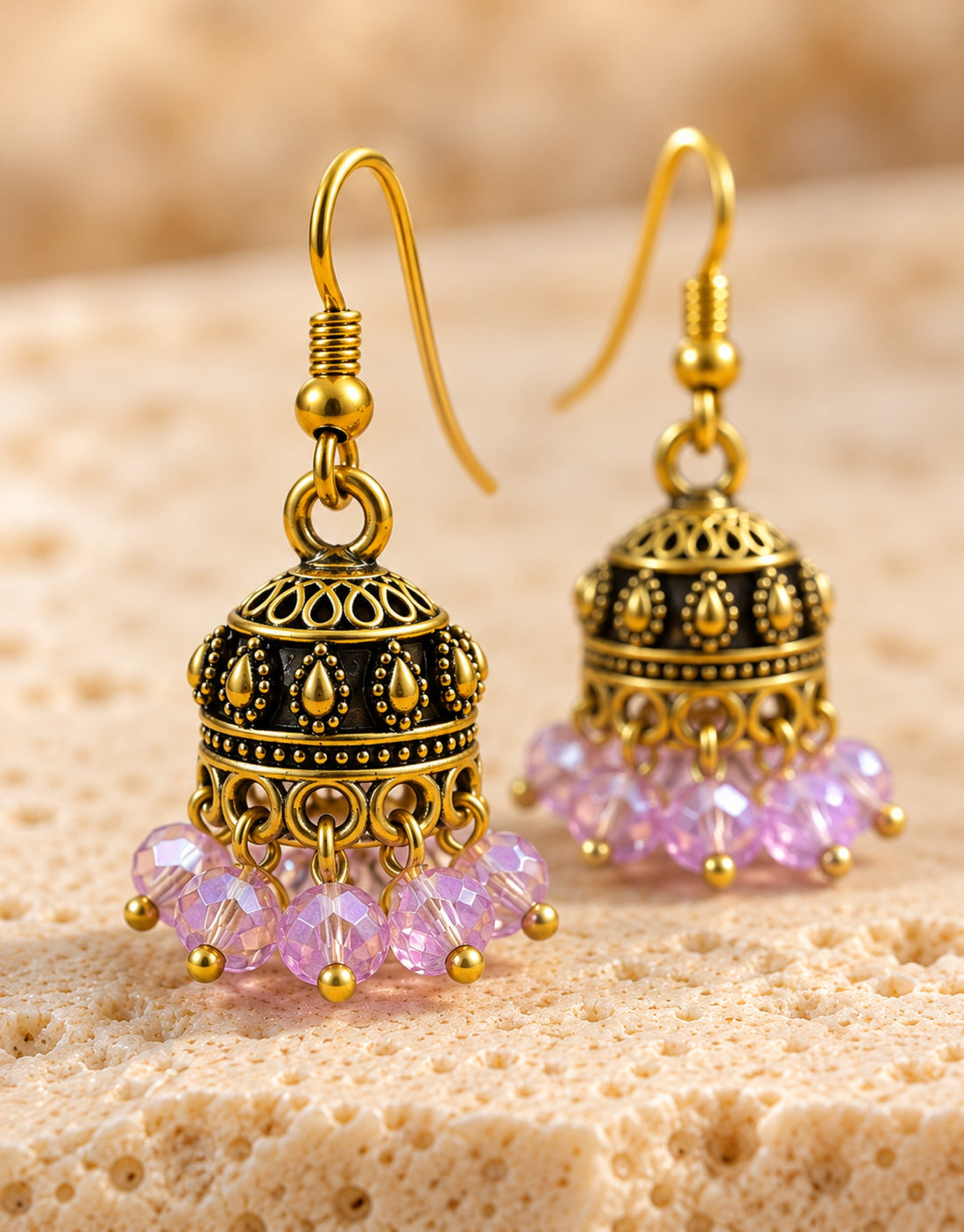 Orneza Antique Gold-Tone Mini Jhumka Earrings with Lilac Beads — close-up detail