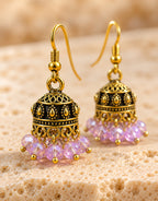 Orneza Antique Gold-Tone Mini Jhumka Earrings with Lilac Beads — close-up detail