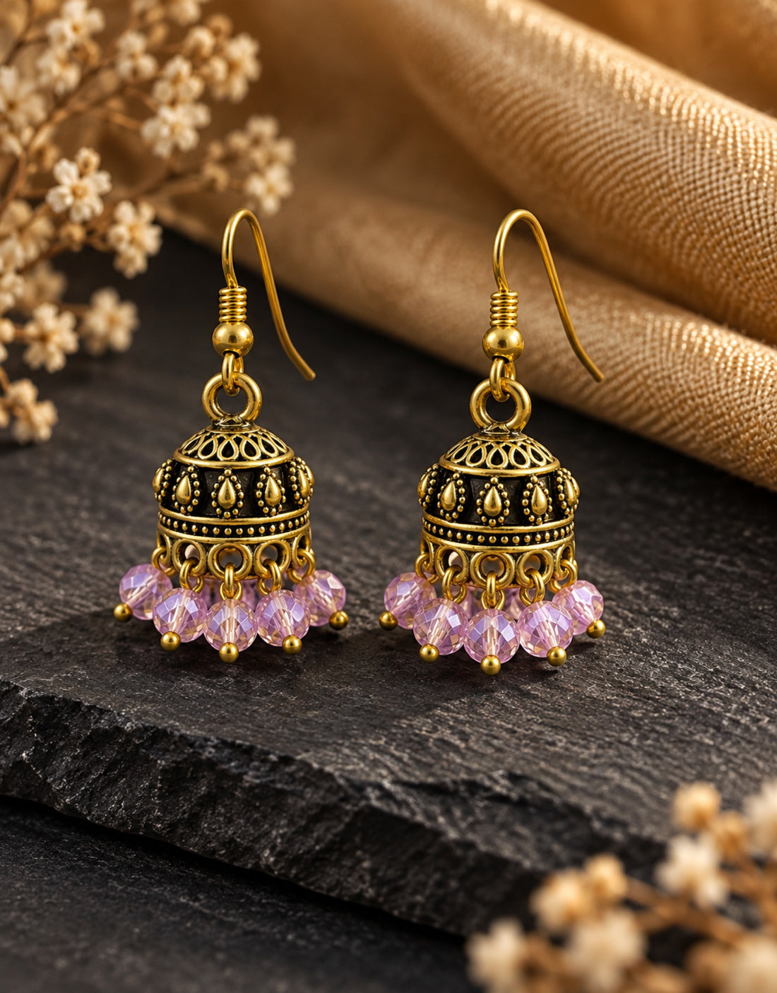 Orneza Antique Gold-Tone Mini Jhumka Earrings with Lilac Beads — styled view
