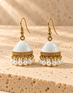 Orneza White Enamel Jhumka Earrings with Pearls — front view