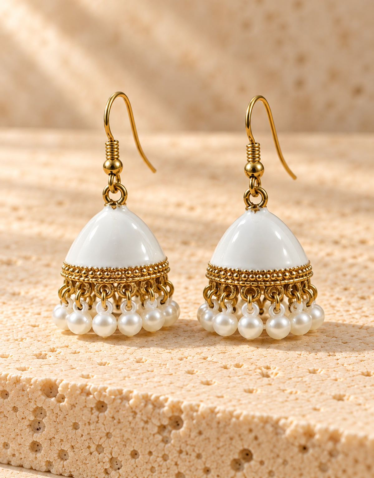 Orneza White Enamel Jhumka Earrings with Pearls — front view