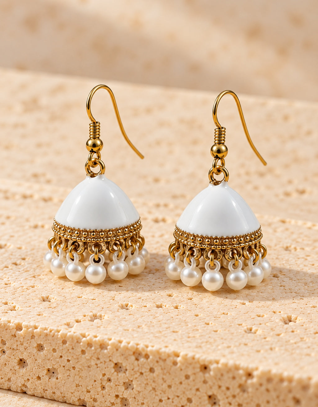 Orneza White Enamel Jhumka Earrings with Pearls — angle view