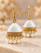 Orneza White Enamel Jhumka Earrings with Pearls — close-up detail