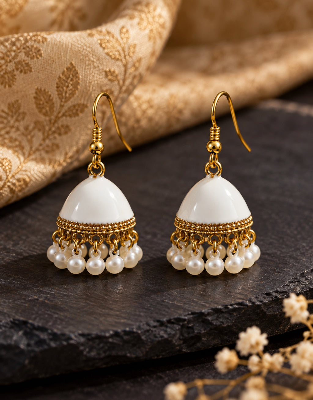 Orneza White Enamel Jhumka Earrings with Pearls — styled view