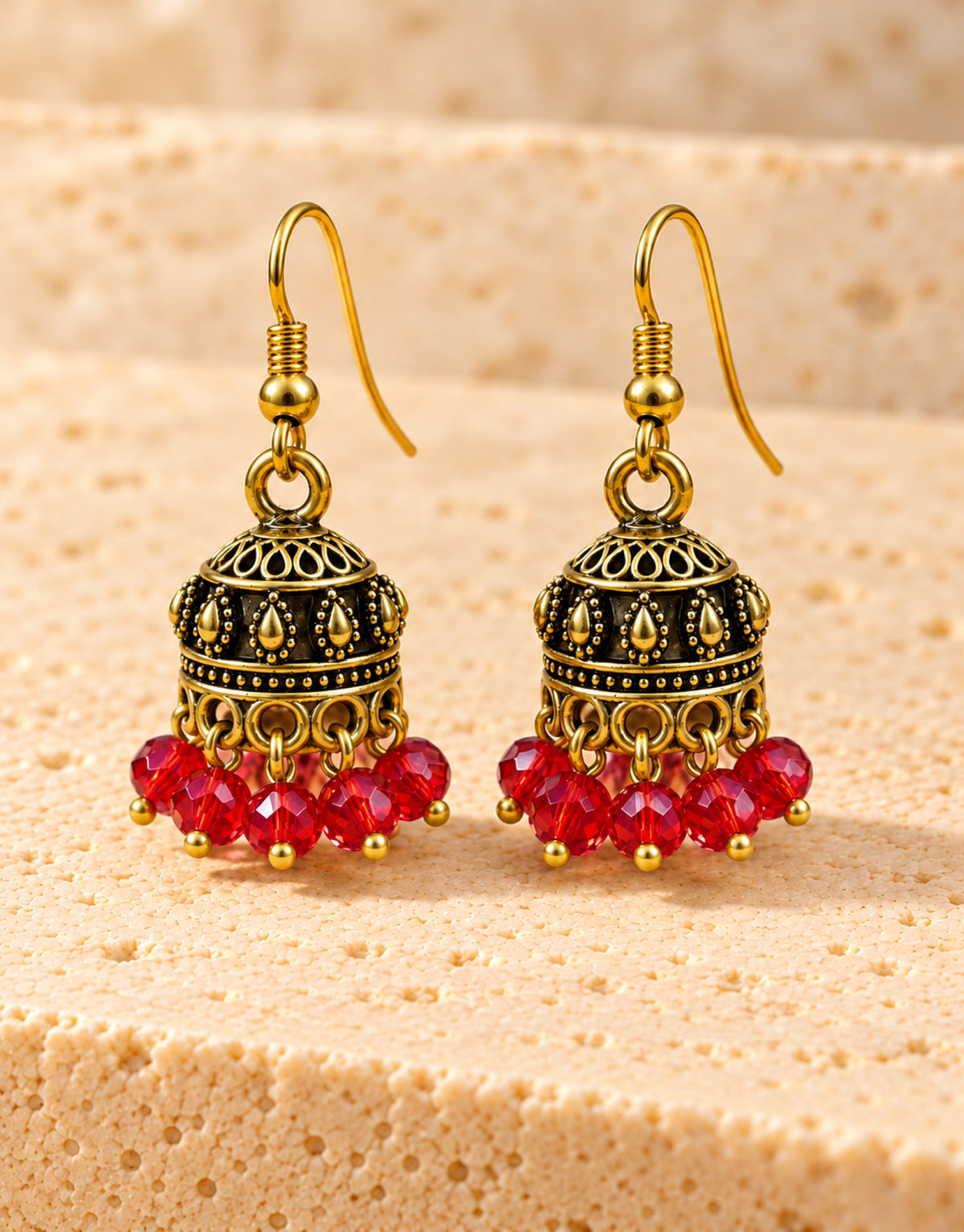 Orneza Antique Gold-Tone Mini Jhumka Earrings with Red Beads — front view
