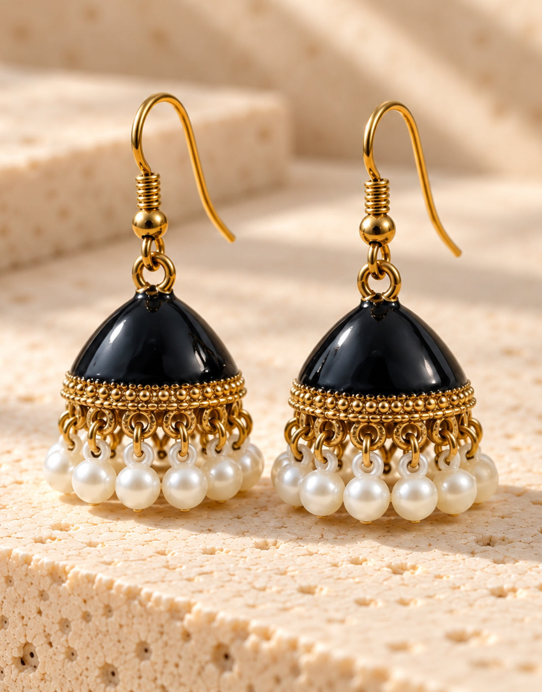 Orneza Black Enamel Jhumka Earrings with Pearls — angle view