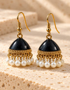 Orneza Black Enamel Jhumka Earrings with Pearls — angle view