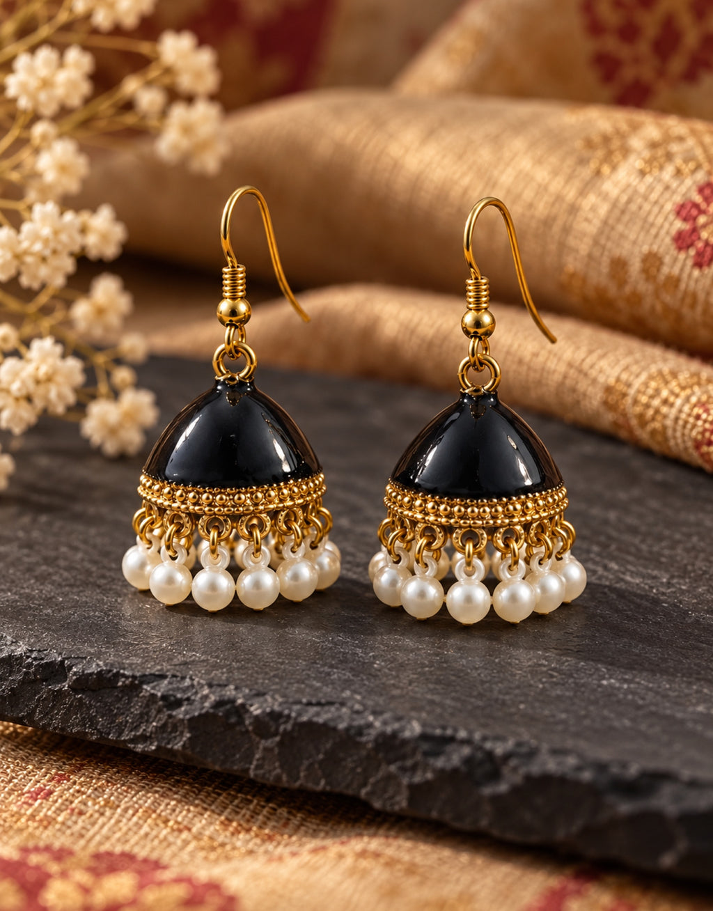 Orneza Black Enamel Jhumka Earrings with Pearls — styled view