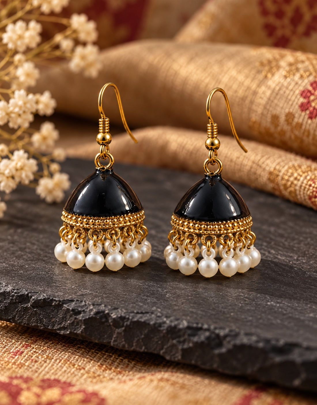 Orneza Black Enamel Jhumka Earrings with Pearls — styled view