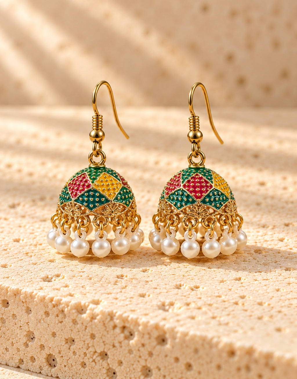 Orneza Harlequin Enamel Jhumka Earrings with Pearls — front view