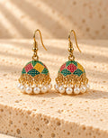Orneza Harlequin Enamel Jhumka Earrings with Pearls — front view