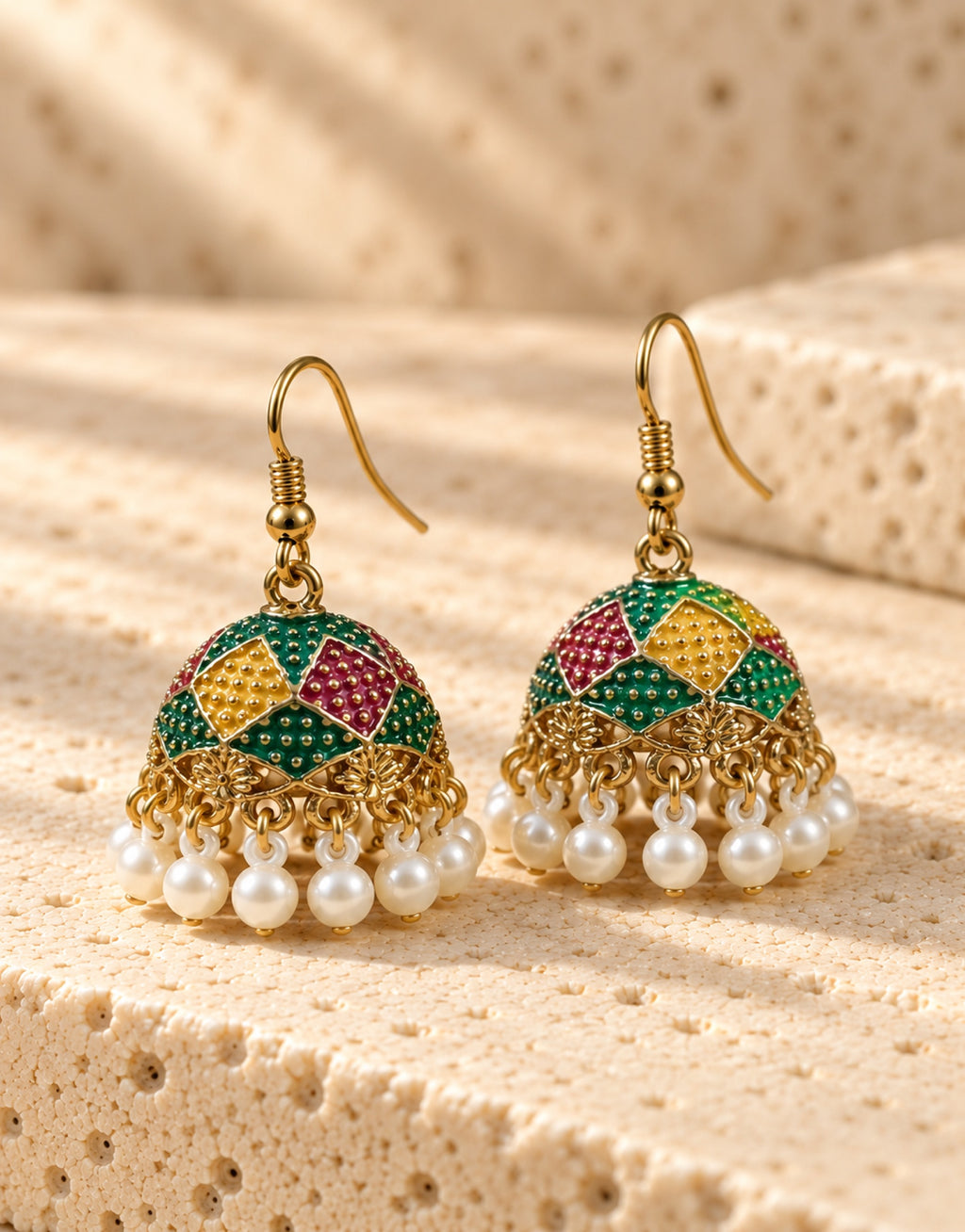 Orneza Harlequin Enamel Jhumka Earrings with Pearls — angle view