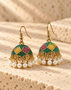 Orneza Harlequin Enamel Jhumka Earrings with Pearls — angle view