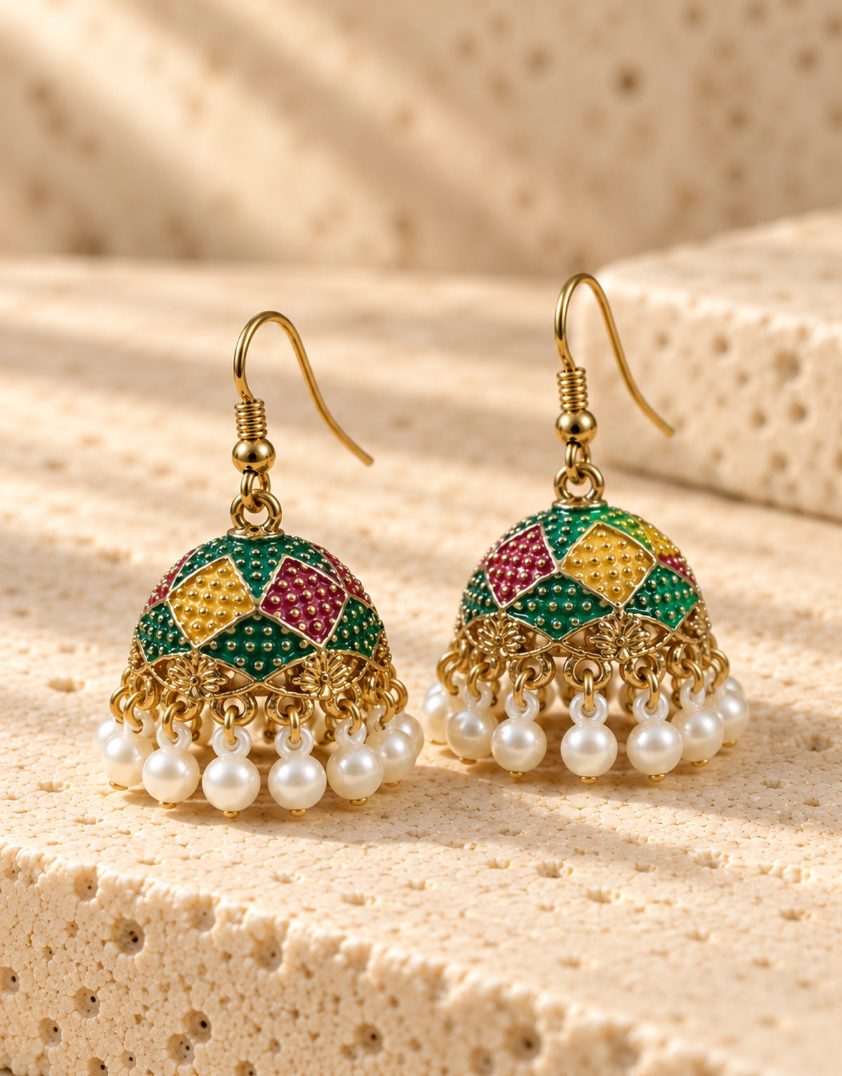 Orneza Harlequin Enamel Jhumka Earrings with Pearls — angle view