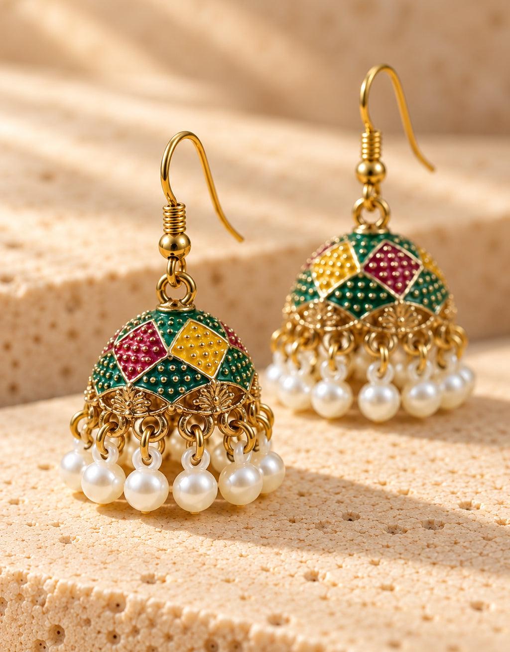 Orneza Harlequin Enamel Jhumka Earrings with Pearls — close-up detail