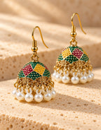 Orneza Harlequin Enamel Jhumka Earrings with Pearls — close-up detail
